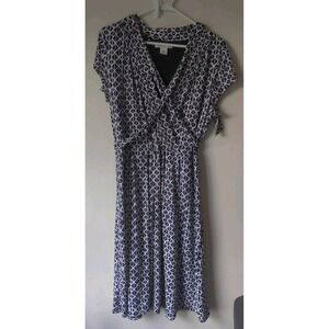 Liz Claiborne Womens Large Blue Geometric Design Short Sleeve  V-Neck Belt Dress